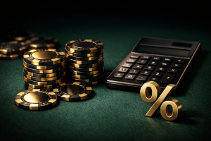 Casino chips stacked next to percentage symbol representing rakeback rewards for high roller players